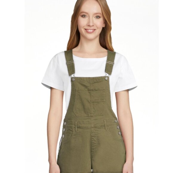 No Boundaries Juniors' Relaxed Boyfriend Short overalls Army Green, XS - Picture 3 of 4